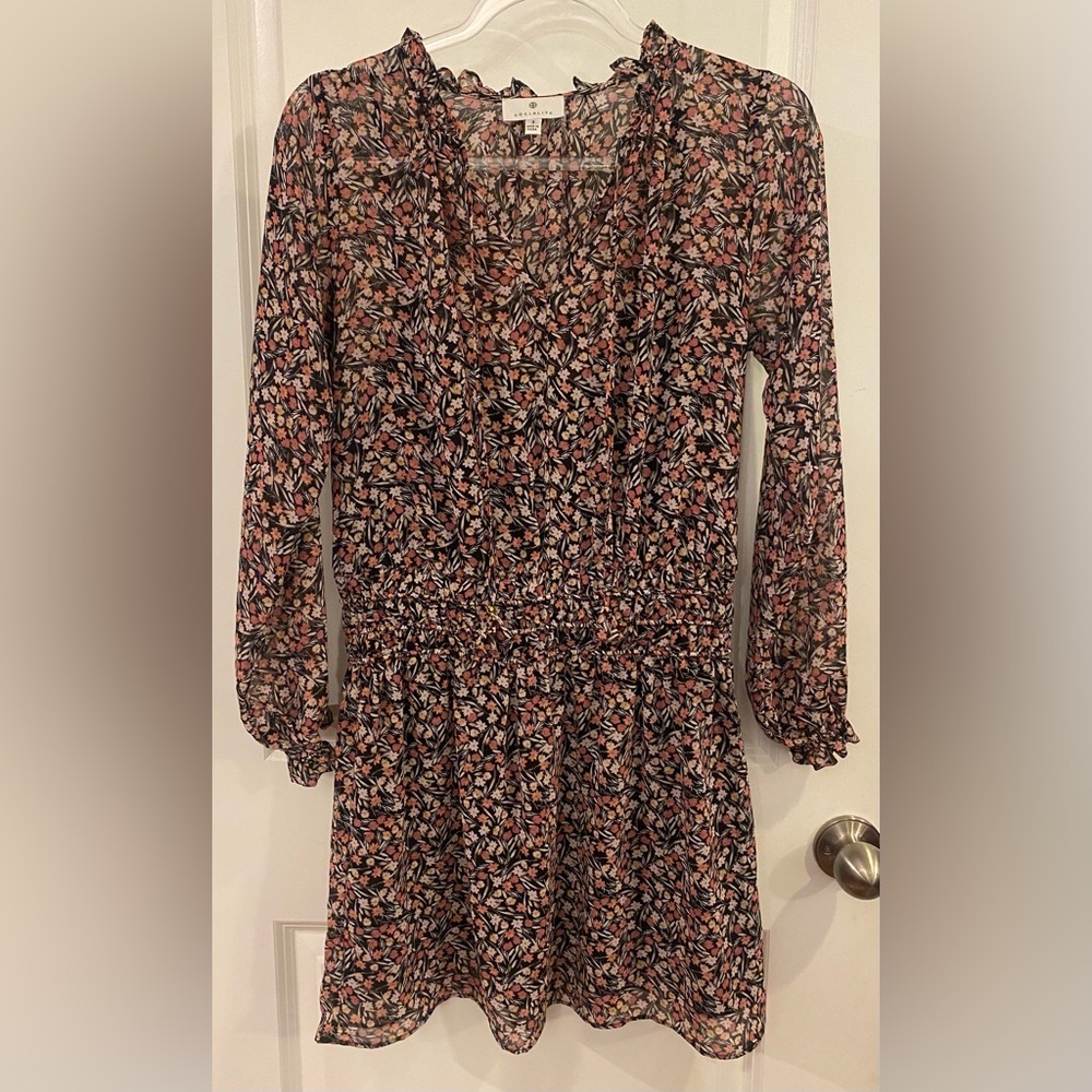 Socialite Mini Dress Sz S Black/Pink/Beige Floral Print Chiffon Slip Lining